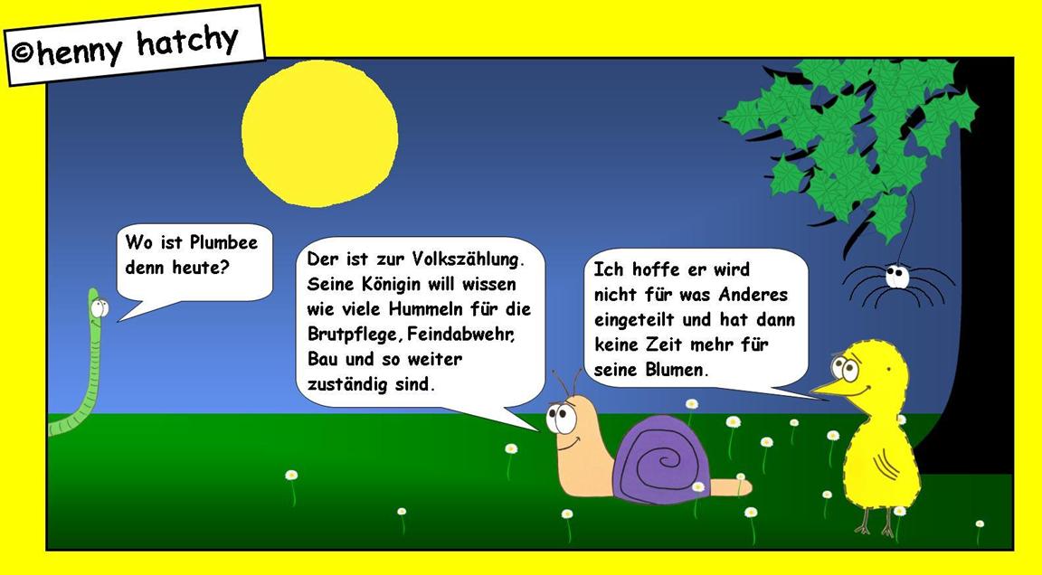 henny hatchy Henny hatchy Sniggel Wyrm Plumbee jimjams Küken Spinne Schnecke Hummel Regenwurm Wurm Comic Cartoon Volkszählung Königin Brutpflege Feindabwehr Bau Blumen Wolk Hummelvolk einteilung einteilen Baum Blätter Sonne Gänseblümchen Daisy Daisys fragen vermissen