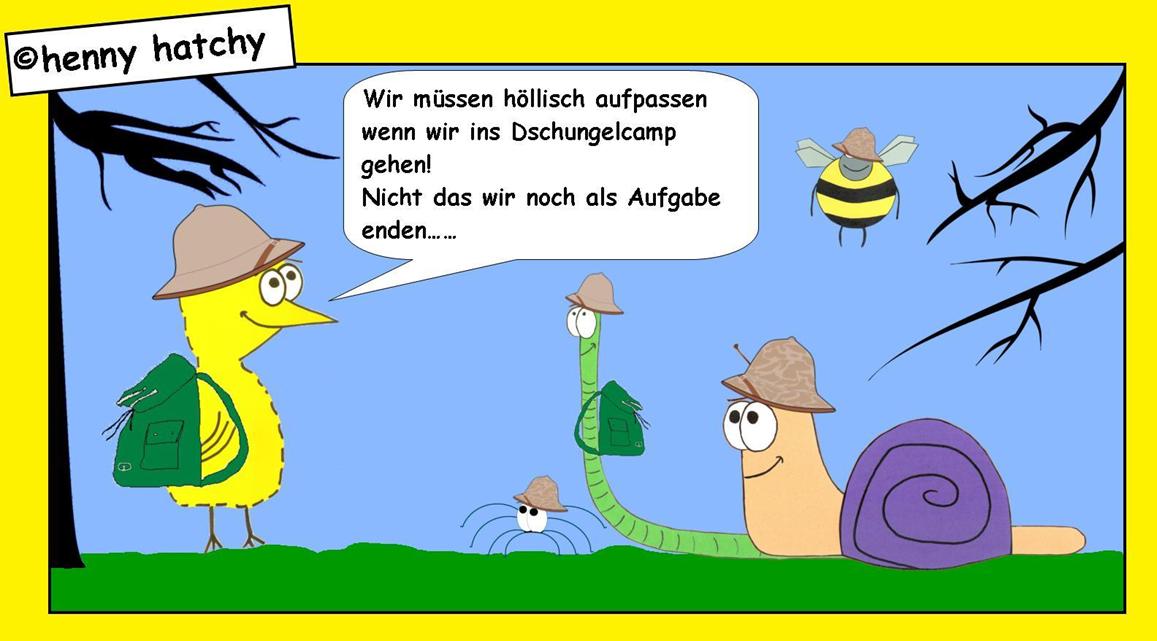 henny hatchy Henny hatchy Sniggel Wyrm Plumbee jimjams Küken Spinne Schnecke Hummel Regenwurm Wurm Comic Cartoon Dschungelcamp Camp Dschungel Jungle Junglecamp Jungelcamp RTL 2 Sonja Zietlow Dirk Bach Promis Prominent Fernsehen Helm Tropen Tropenhelm Trooper Tarn Tarnung Tarnhelm Aufgaben Aufgabe Insekten Tiere kleine Spinnen essen eklig Schlecht übergeben kotzen lustig witzig humorvoll Würmer Schnecken Maden