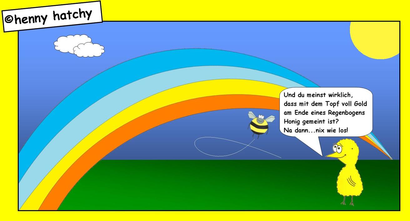 henny hatchy Henny hatchy Sniggel Wyrm Plumbee jimjams Kken Spinne Schnecke Hummel Regenwurm Wurm Comic Cartoon Regenbogen Gold Honig Ende Mrchen Sage Irland Sonne Wolken Grne Wiese Gras Traum Plan Abenteuer Topf